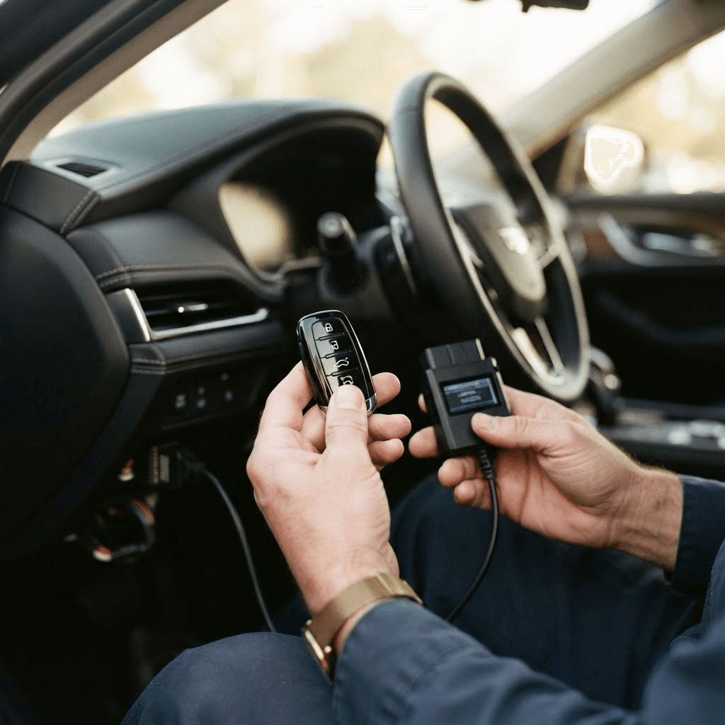 Locksmith programming a car key fob at a vehicle in Lawrenceville, GA Locksmith programming a car key fob at a vehicle in Lawrenceville, GA