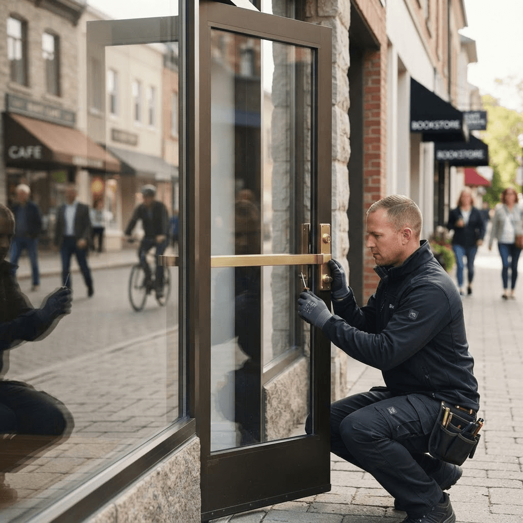 Locksmith servicing a glass storefront door in Lawrenceville, GA Locksmith servicing a glass storefront door in Lawrenceville, GA