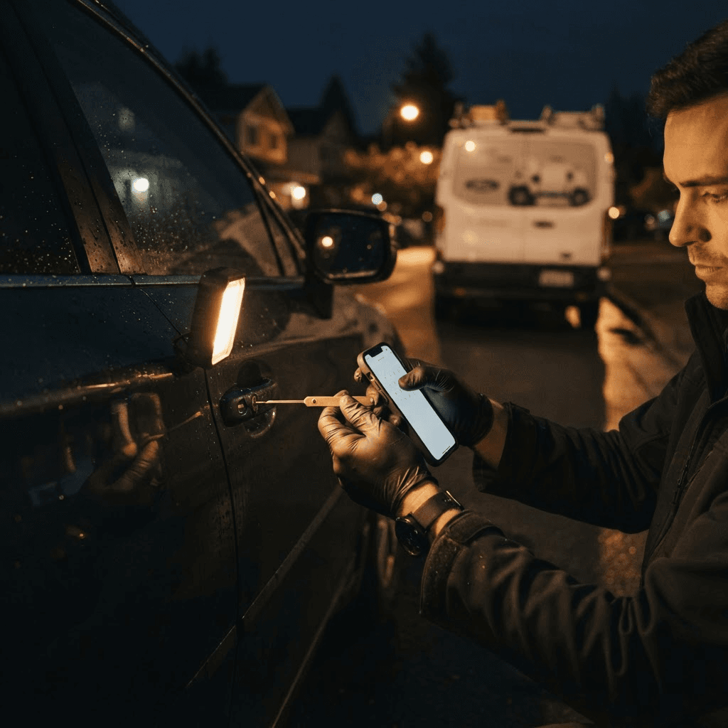 24/7 emergency locksmith service in Lawrenceville, GA Mobile locksmith working on a car door lock at night in Lawrenceville, GA