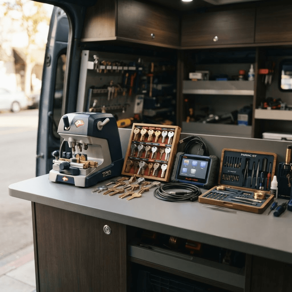 Key-cutting machine, blank keys and programming tools in a locksmith van Key-cutting machine, blank keys and programming tools in a locksmith van