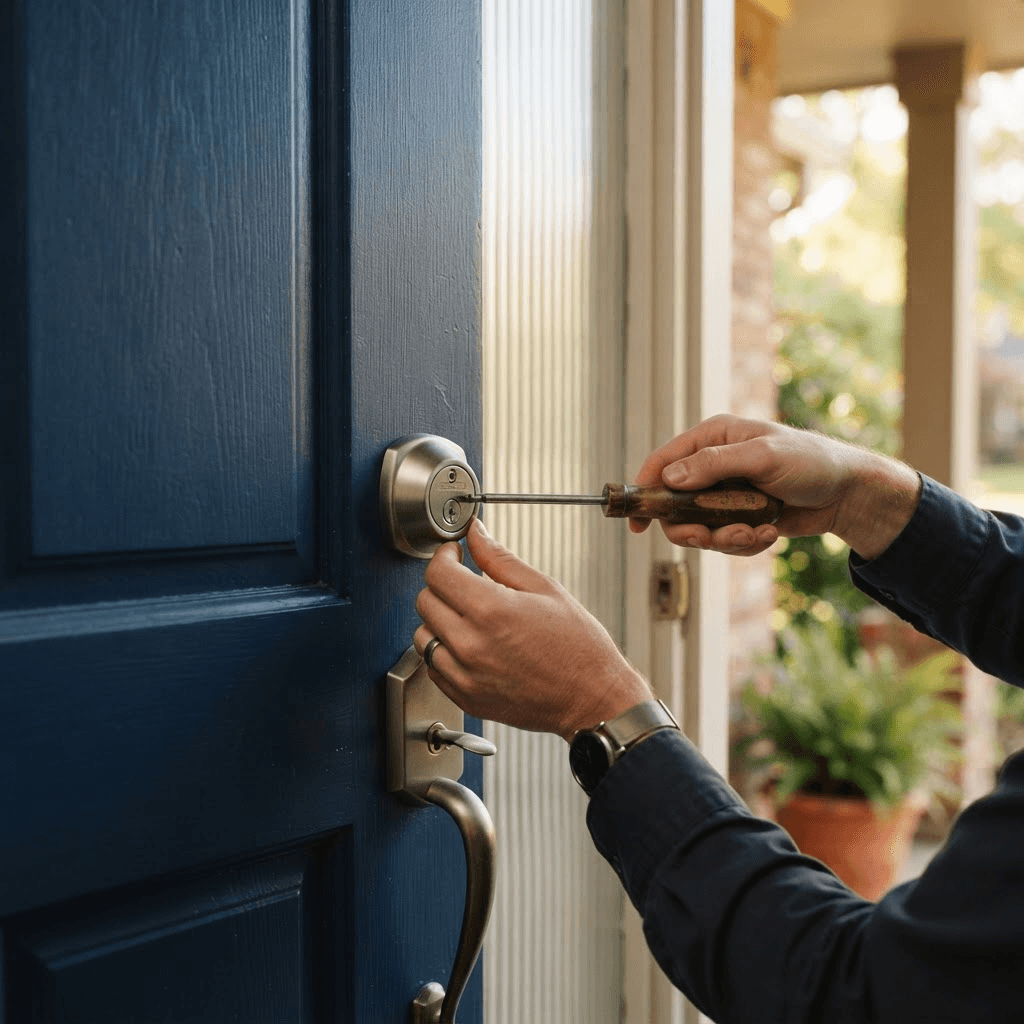 Locksmith installing a deadbolt on a home front door in Lawrenceville, GA Locksmith installing a deadbolt on a home front door in Lawrenceville, GA